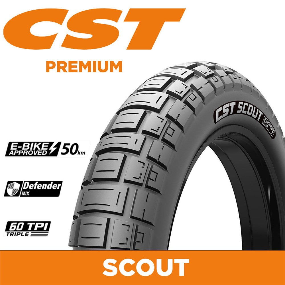 CST Tyre Scout - 20 x 4.0 - Wire 60 TPI - 1675g - Single Compound - 115kg Load Rating -  EBike 50km/h  Approved - Defender Mix 1.5mm - CEB01