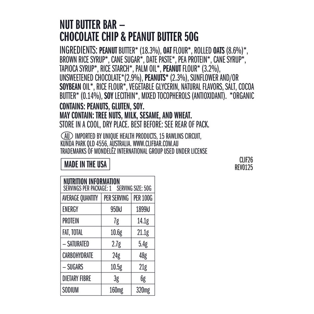 CLIF Nut Butter Bar Chocolate Chip & Peanut Butter 5x50g