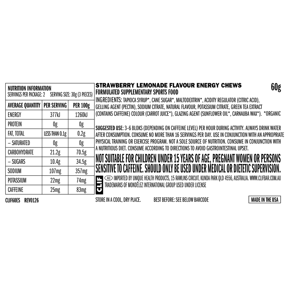 CLIF Bloks Energy - Chews Sour Strawberry Lemonade 25mg Caffeine