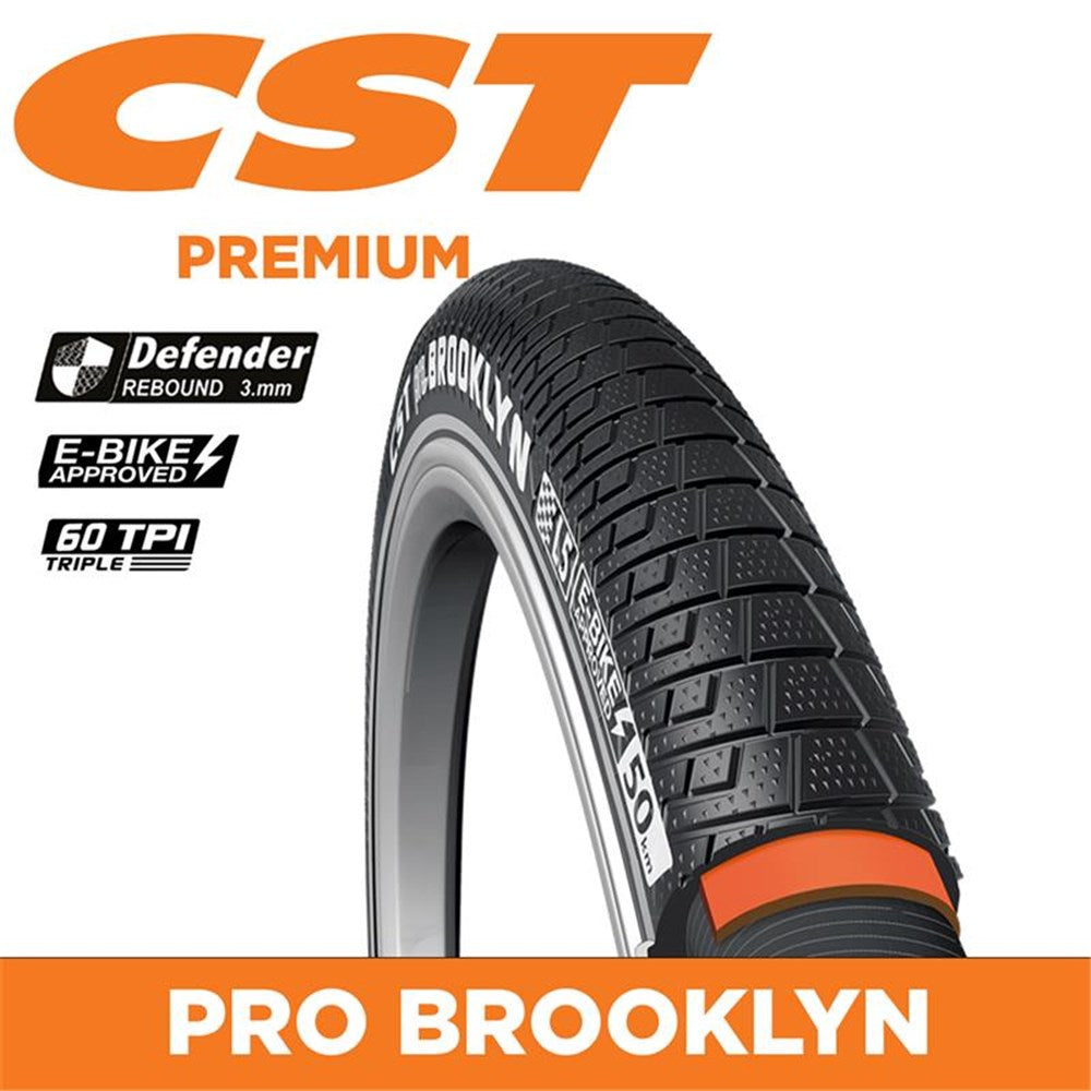 CST Tyre Brooklyn Pro - 26 x 2.40 - Wire 60 TPI - 1305g - Single Compound - 160kg High Load Rating - E-Cargo Bike Rated - Defender EPS - HL20 - Reflective Strip - C1996
