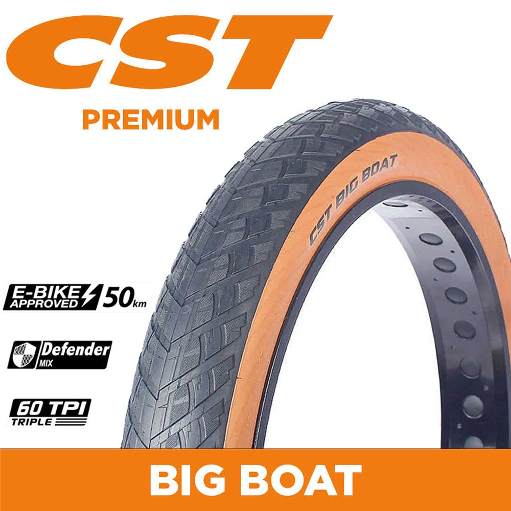 CST Tyre Big Boat - 20 x 4.0 - Wirebead 60 TPI - 941g - Single Compound - 115kg Load Rating - EBike 50km/h Approved - Defender Mix 1.5mm - Tan Wall - CTC06