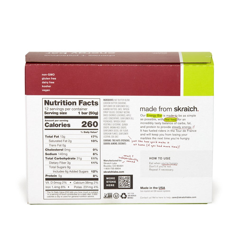 SkratchLabs Energy Bar Sport Fuel - Cherries & Pistachios - 12 Pack - 50g each (858690007270)