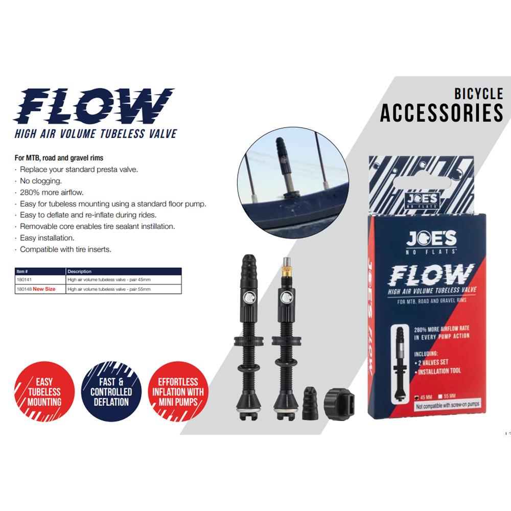 Joe's No-Flats High Flow Anti-Clog Valves - 45mm Presta Tubeless Pair