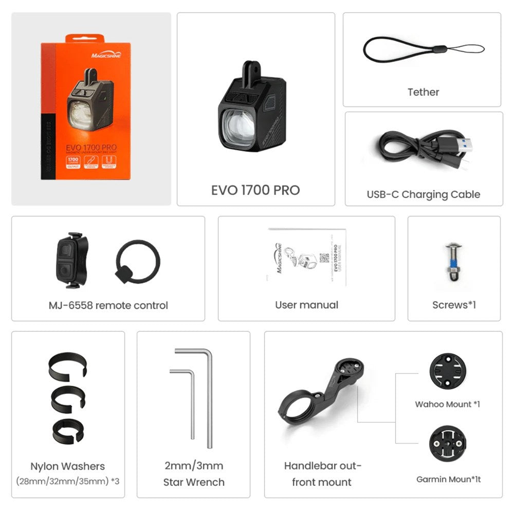 MAGICSHINE Front Light - EVO 1700 PRO Black - Undermount - Out-front Bar Mount - IPX6 USB-C