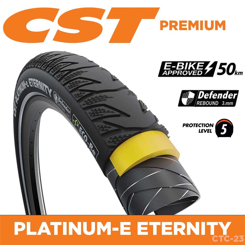 CST Tyre Platinum-E Infinity - 700x55 (28 x 2.15) - Wire 60 TPI - 1125g - Dual Compound - 110kg Load Rating - EBike Approved - 50km/h Rated - Defender Ultimate - Reflective Strip