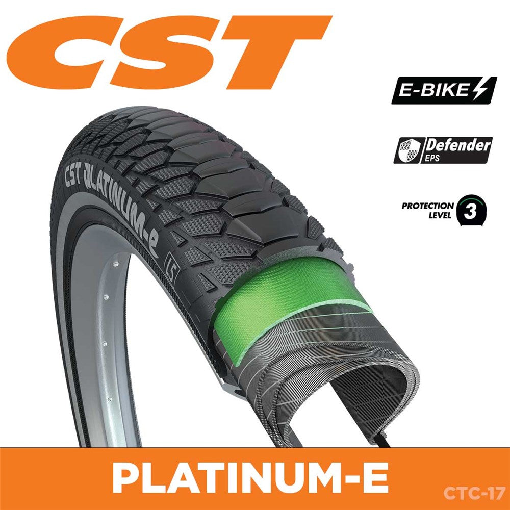 CST Tyre Platinum-E - 700x55 (28 x 2.15) - Wire 27 TPI - 1130g - Single Compound - 110kg Load Rating - EBike Approved - Defender EPS - Reflective Strip - CTC-17