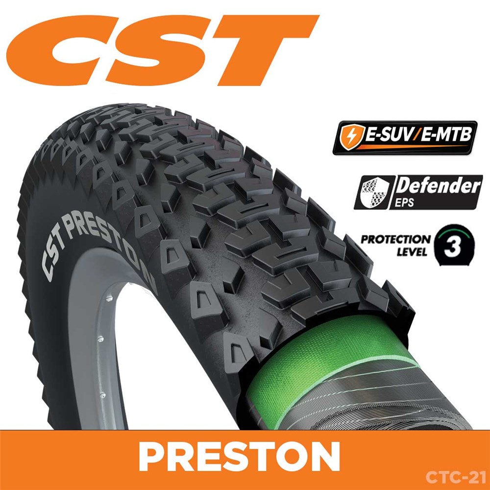 CST Tyre Preston 27.5 x 2.35 - Wire 27 TPI - 1310g - Dual Compound - 115kg Load Rating -  ESUV EMTB Approved - Defender EPS -  Reflective Strip - CTC21