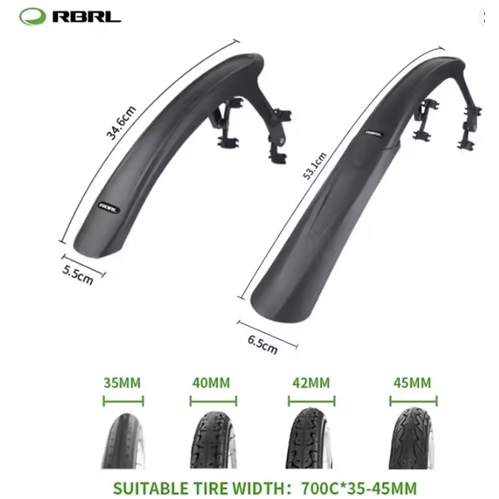 RBRL Hybrid Gravel Mudguard Set - Universal fit front fork & rear chain stay mount - 28c to 45c tyres - Extensive coverage - Two point fixation