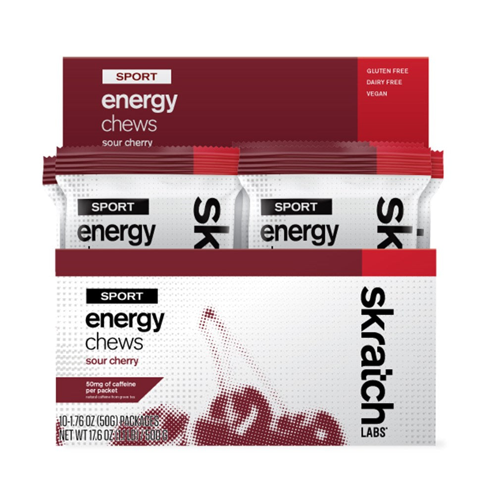 SkratchLabs Energy Chews Sport Fuel - Sour Cherry with Caffeine - Single Serving 10 Pack