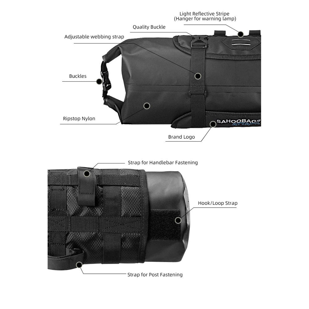 SAHOO Handlebar Bag - Waterproof 3-7Litre - Roll top design - 40x15cm - Secure Bar Mount
