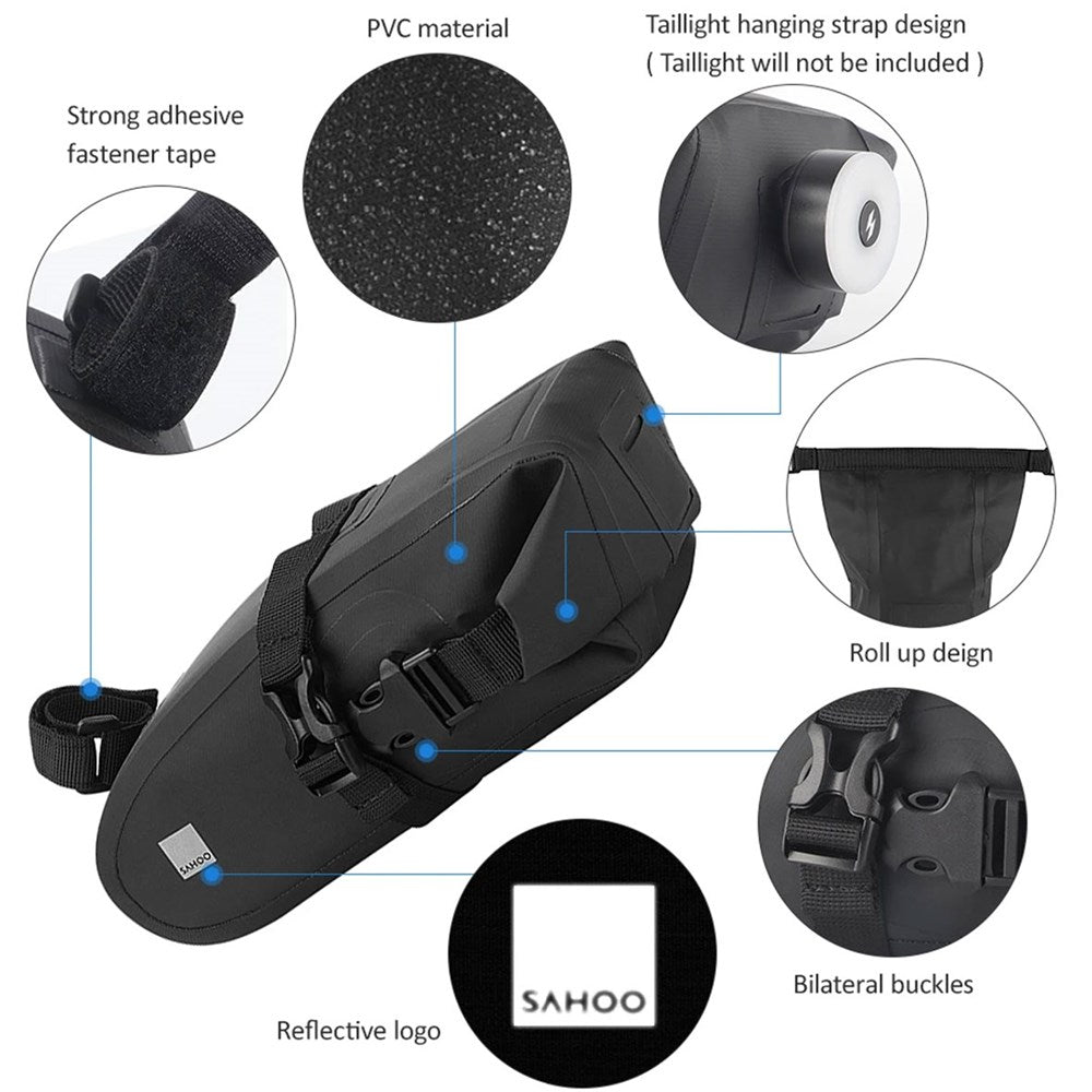 SAHOO Saddlebag - Large 23x11x9cm 1 Litre - Waterproof - Reflective Logo & Light Strap