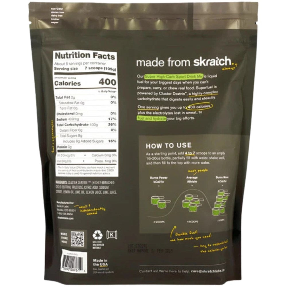 SkratchLabs Super High Carb Sport Drink Mix - Lemons and Limes - 840g - 8 Serving Resealable Pouch