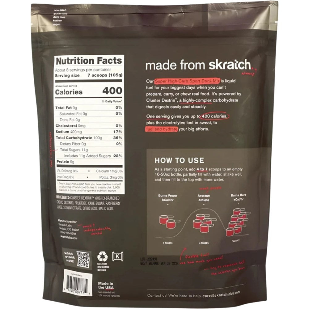 SkratchLabs Super High Carb Sport Drink Mix - Raspberry - 840g - 8 Serving Resealable Pouch