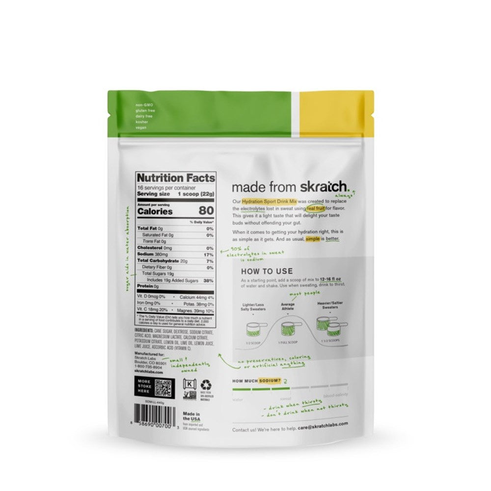 SkratchLabs Hydration Sports Drink Mix - Lemon & Lime - 20 Serving Resealable Bag - 440g