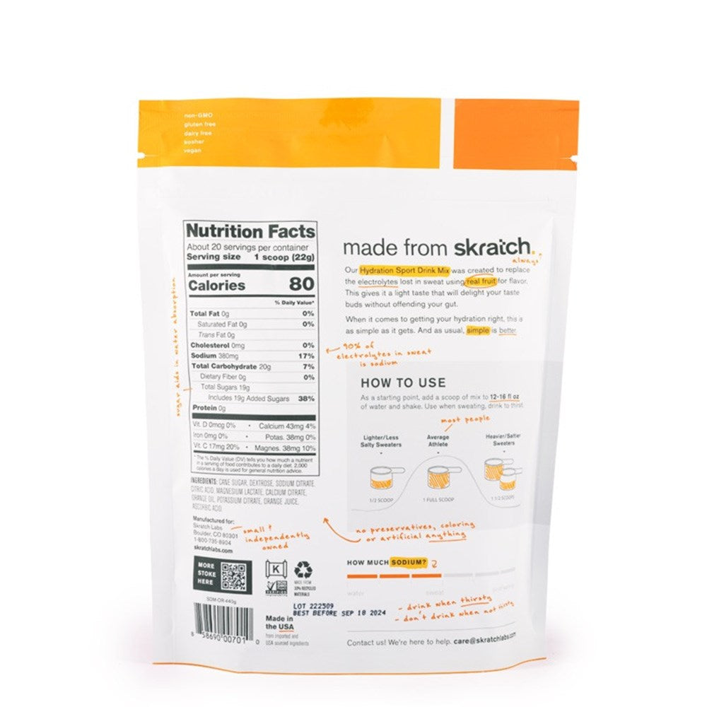 SkratchLabs Hydration Sports Drink Mix - Oranges - 20 Serving Resealable Bag - 440g