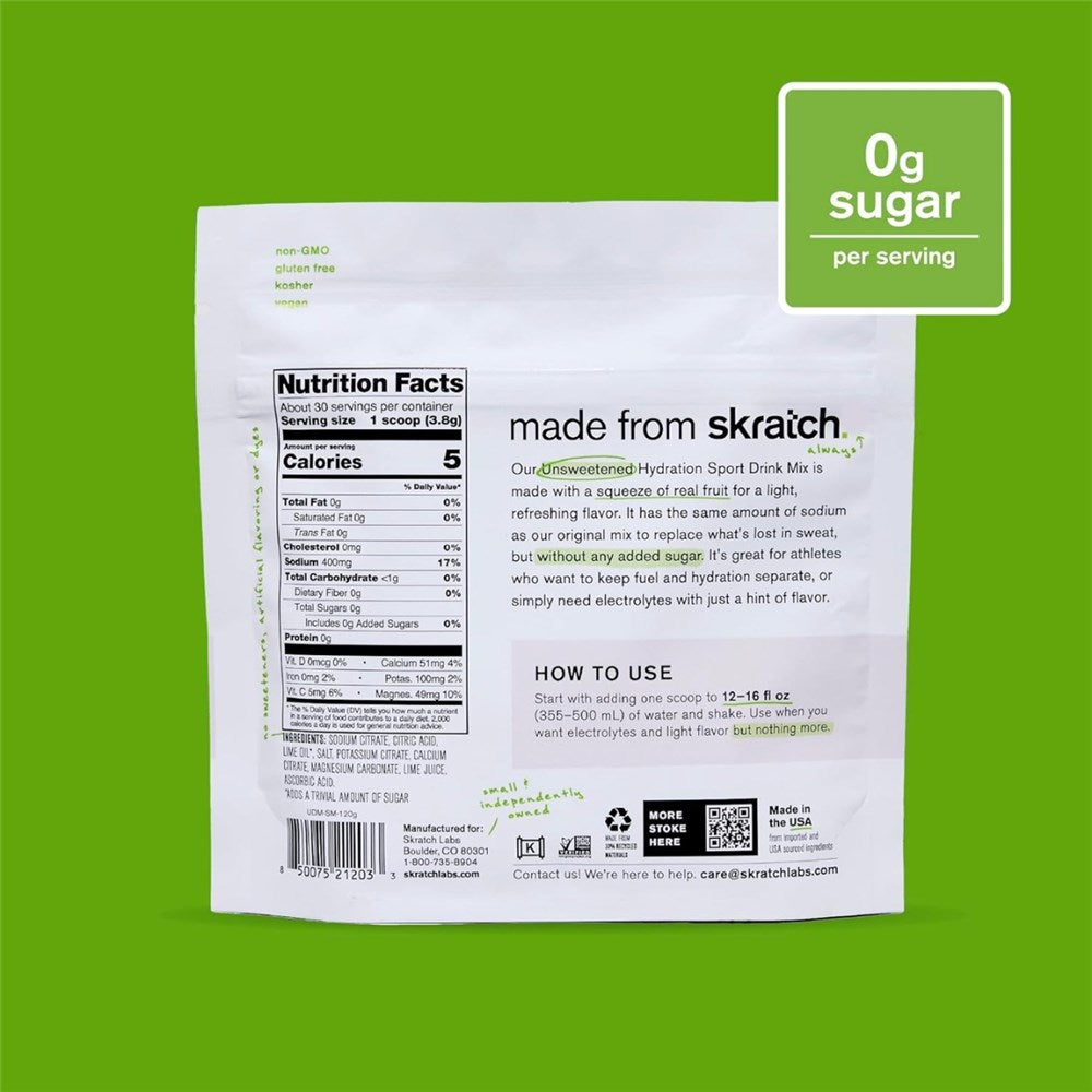 SkratchLabs Unsweetened Hydration Drink Mix - Lemon & Lime - 30 Serving Resealable Bag 120g