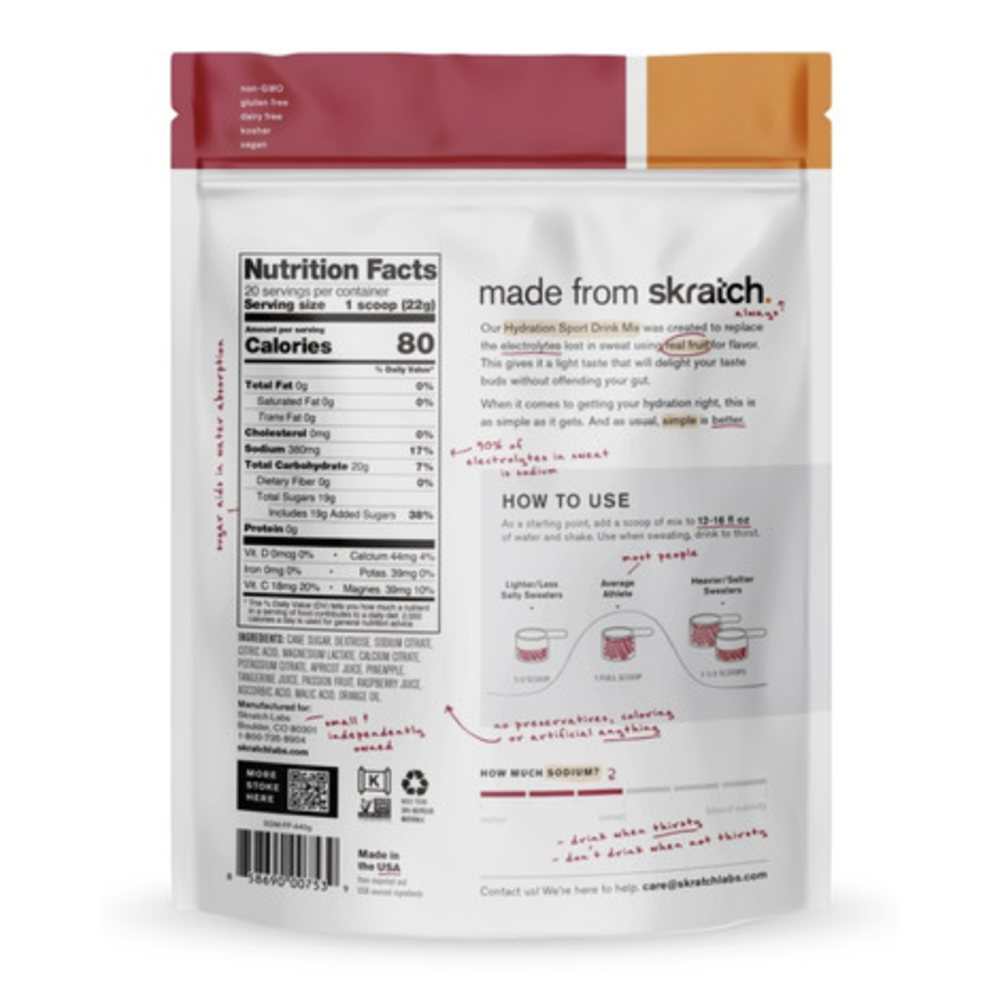 SkratchLabs Hydration Sports Drink Mix - Fruit Punch - 20 Serving Resealable Bag - 440g
